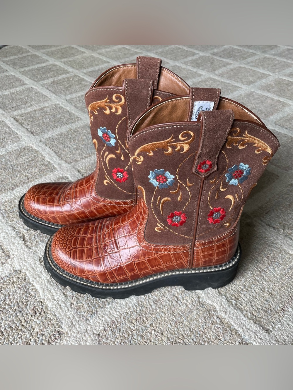 Ariat Brown Croc-Embossed Leather Western Heeled Boots with Floral Embroidery